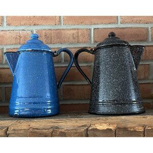 2 Pots- Vintage Blue and Grey Speckled Enamelware Coffee Pots Graniteware Kettle